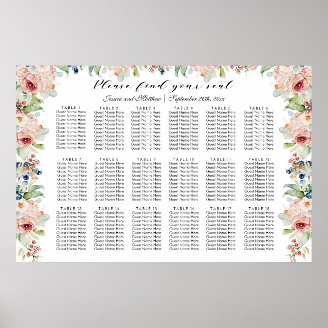 Affiche Aquarelle Floral 18 Tables Siège Mariage (Devant)