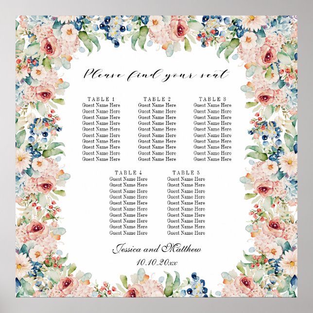 Affiche Aquarelle Floral 5 Tables Siège Mariage (Devant)