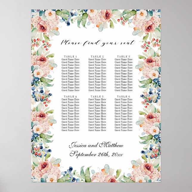 Affiche Aquarelle Floral 6 Tables Siège Mariage (Devant)