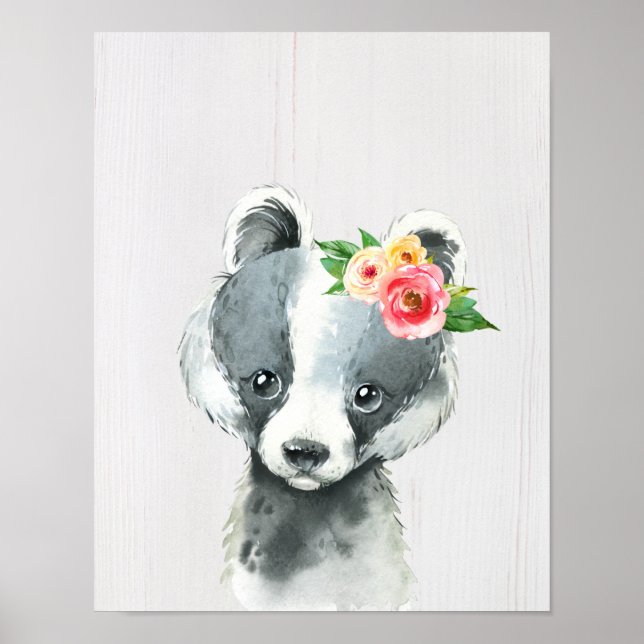 Affiche Aquarelle Floral Bébé Badger, Animal de la forêt (Devant)