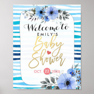 Affiche Aquarelle Floral Bleu Stripes Baby shower Bienvenu