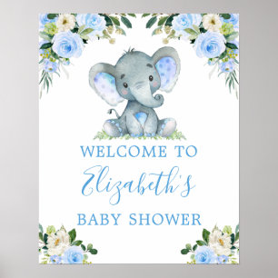 Affiche Aquarelle Floral Blue Elephant Baby shower