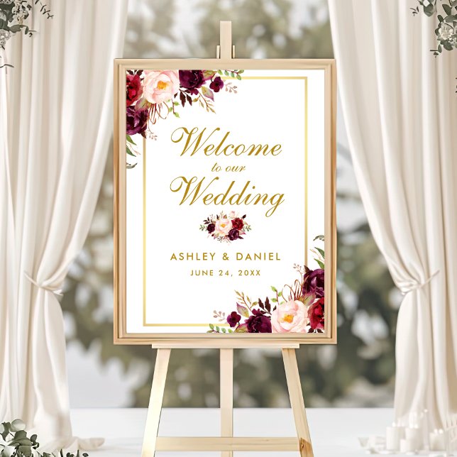 Affiche Aquarelle Floral Bourgogne Gold Mariage Bienvenue (Customize to change text color, text size, text style or size of poster.)