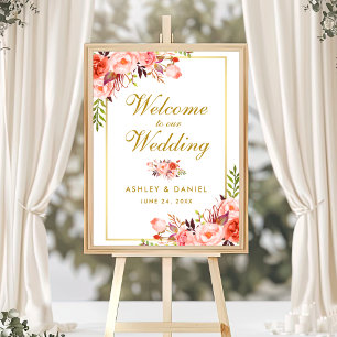 Affiche Aquarelle Floral Coral Gold Mariage Bienvenue