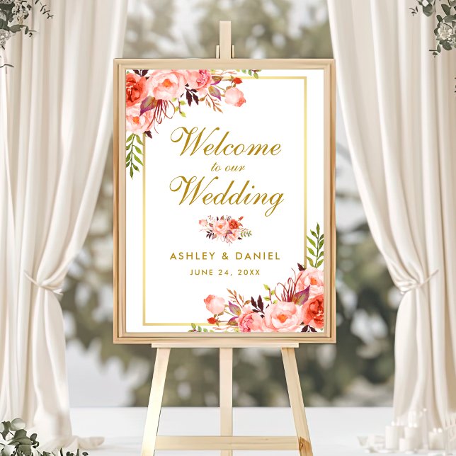 Affiche Aquarelle Floral Coral Gold Mariage Bienvenue (Customize to change text color, text size, text style or size of poster.)