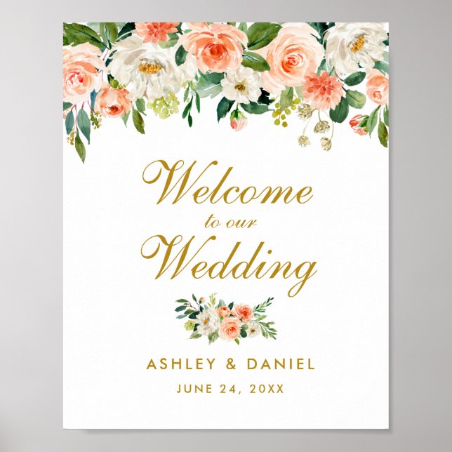 Affiche Aquarelle Floral Coral Mariage Welcome Gold (Devant)