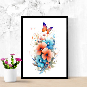 Affiche Aquarelle Floral Fleurs Papillons Bleu Orange