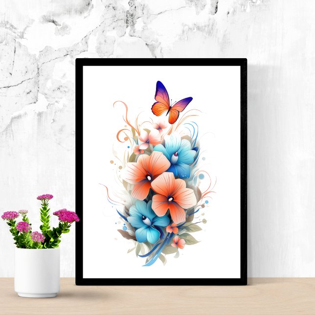 Affiche Aquarelle Floral Fleurs Papillons Bleu Orange  (Blue orange floral butterfly watercolor poster print. Printed or Instant digital download)