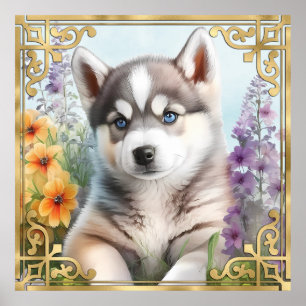 Affiche Aquarelle Floral Husky Sibérien avec cadre Or