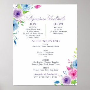 Affiche Aquarelle Floral Mariage Signature Cocktails Menu