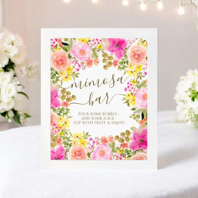 Affiche Aquarelle Floral Mimosa Bar douche nuptiale (Watercolor Floral Mimosa Bar bridal shower Poster)