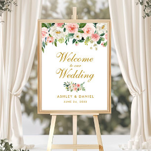 Affiche Aquarelle Floral Rose Blush Mariage Welcome Gold