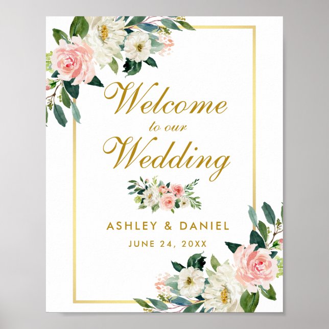 Affiche Aquarelle Floral rose Mariage or Welcome (Devant)