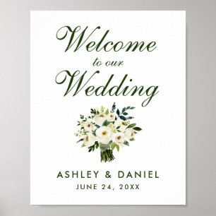 Affiche Aquarelle Floral Vert Bouquet Mariage Bienvenue