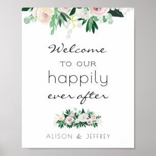 Affiche Aquarelle Floral Vert Heureux Jamais Après Mariage