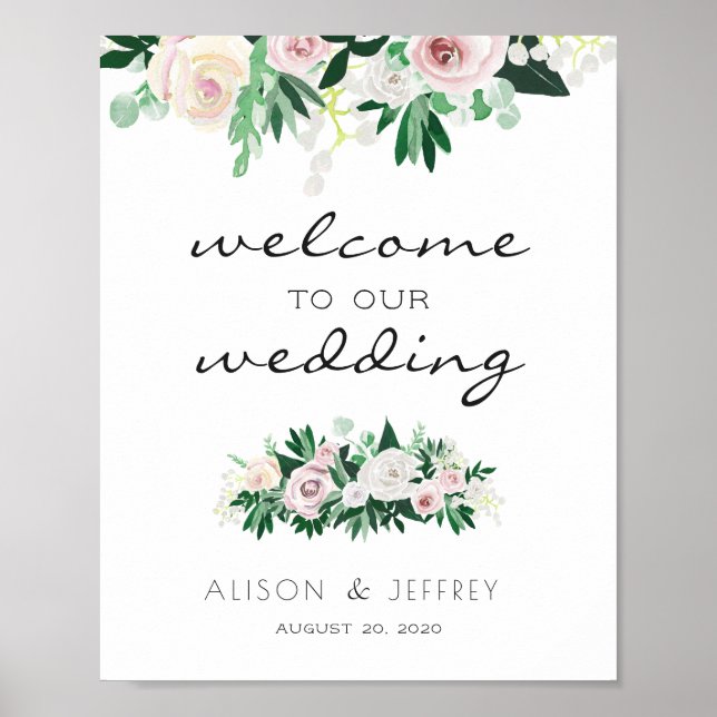 Affiche Aquarelle Floral Vert Mariage de bienvenue (Devant)