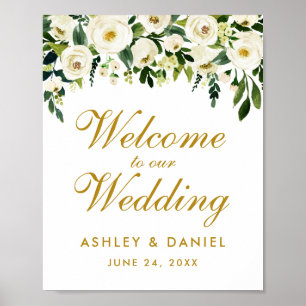 Affiche Aquarelle Floral Vert or Mariage Bienvenue