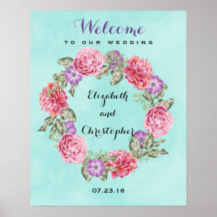 Affiche Aquarelle Floral Wreath Mariage Bienvenue