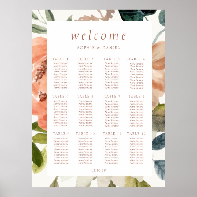 Affiche Aquarelle florale 12 Mariage table (Devant)