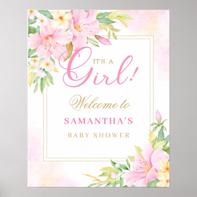 Affiche Aquarelle Florale Baby shower rose pâle Bienvenue (Devant)