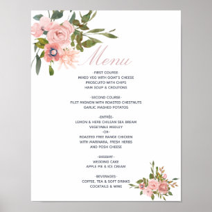 Affiche Aquarelle florale Blush Pink Roses Menu Mariage