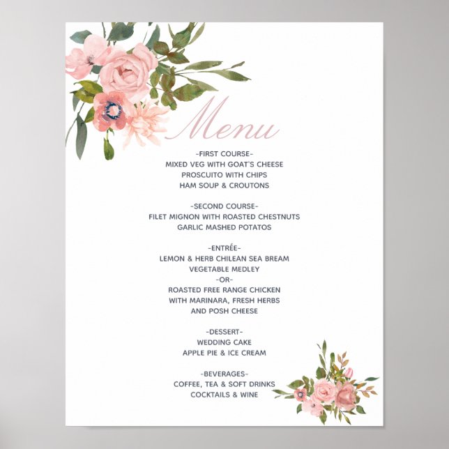 Affiche Aquarelle florale Blush Pink Roses Menu Mariage (Devant)