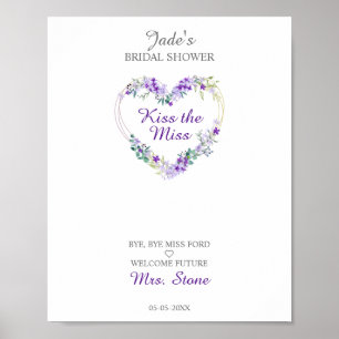 Affiche Aquarelle florale Coeur avec Feuilles en violet