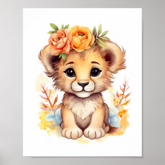 Affiche Aquarelle Florale Couronne Lion Cub Nursery Enfant
