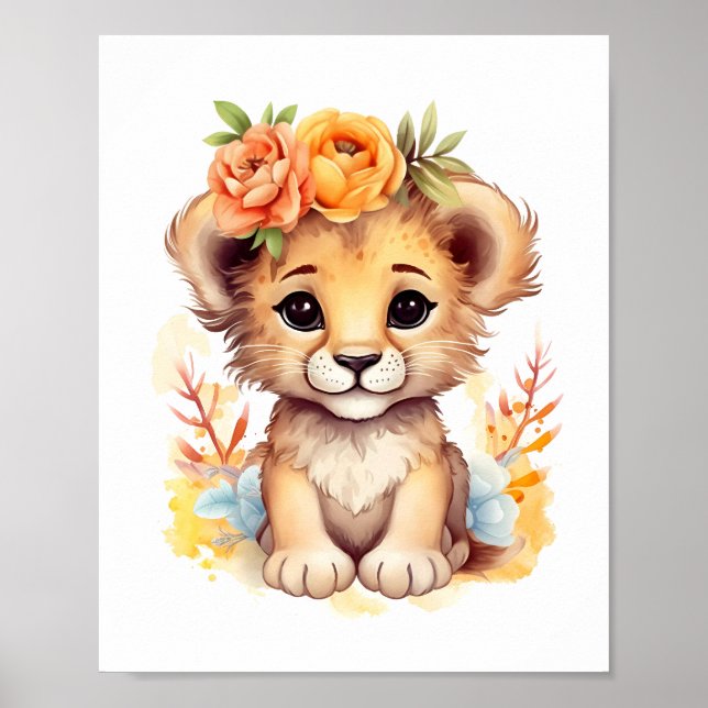 Affiche Aquarelle Florale Couronne Lion Cub Nursery Enfant (Devant)