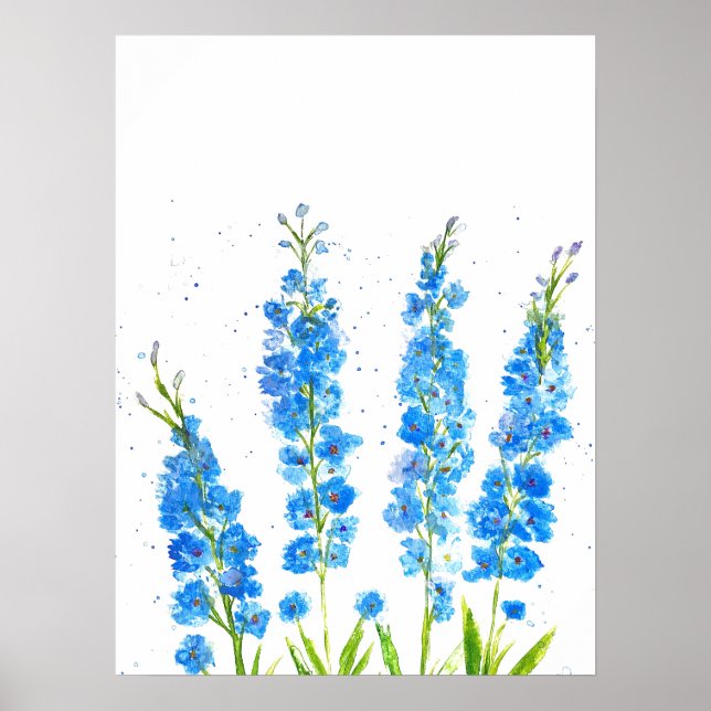 Affiche Aquarelle florale de delphinium bleu élégant rusti (Devant)