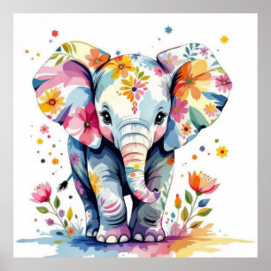 Affiche Aquarelle florale Eléphant