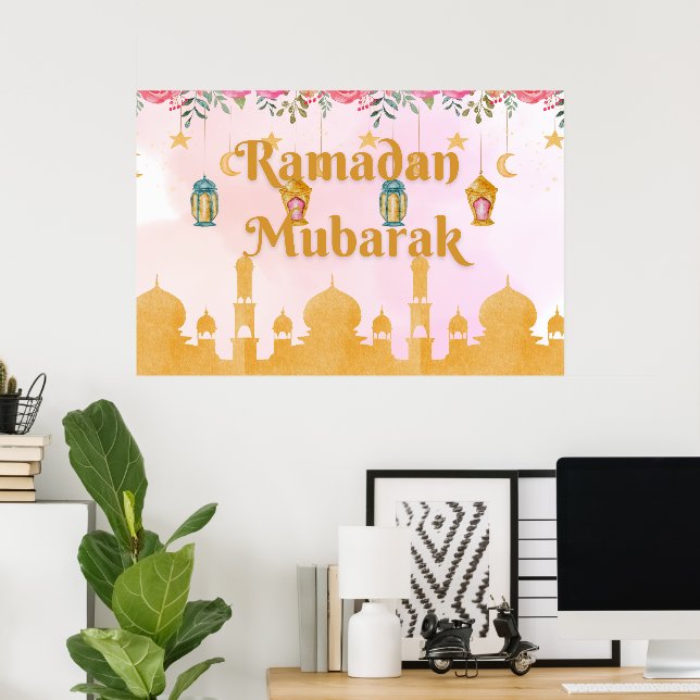 Affiche Aquarelle Florale Lanternes Ramadan Moubarak Poste (Bureau à domicile)