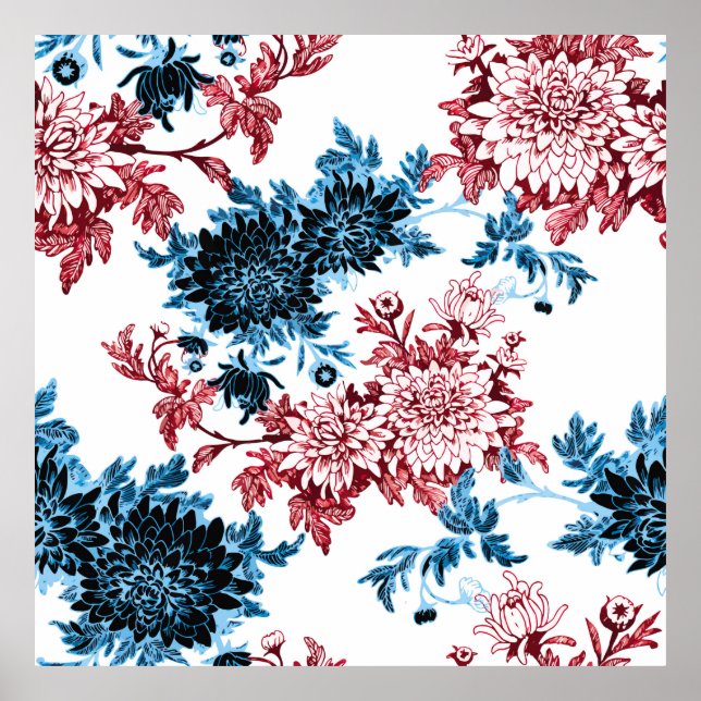 Affiche Aquarelle florale sans couture motif sur fond blan (Devant)