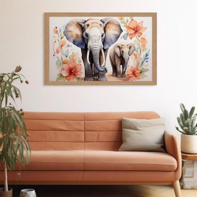 Affiche Aquarelle florale unique mère et enfant éléphant (Créateur téléchargé)