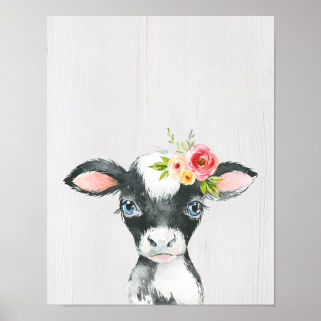 Affiche Aquarelle Florale Vache noire et blanche (Devant)