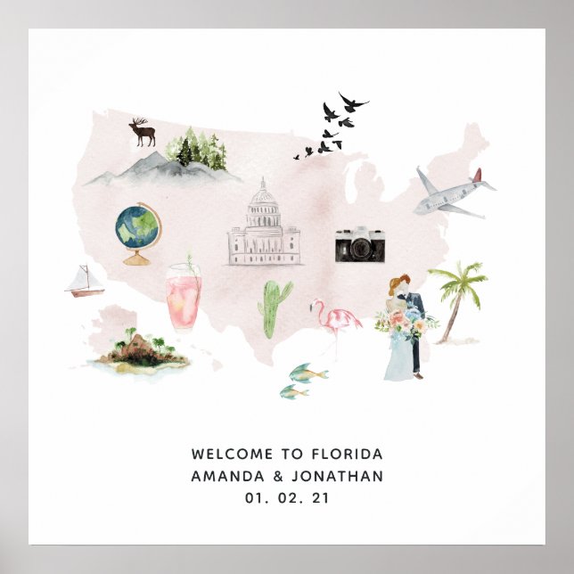 Affiche Aquarelle Floride USA Destination Wedding Welcome (Devant)