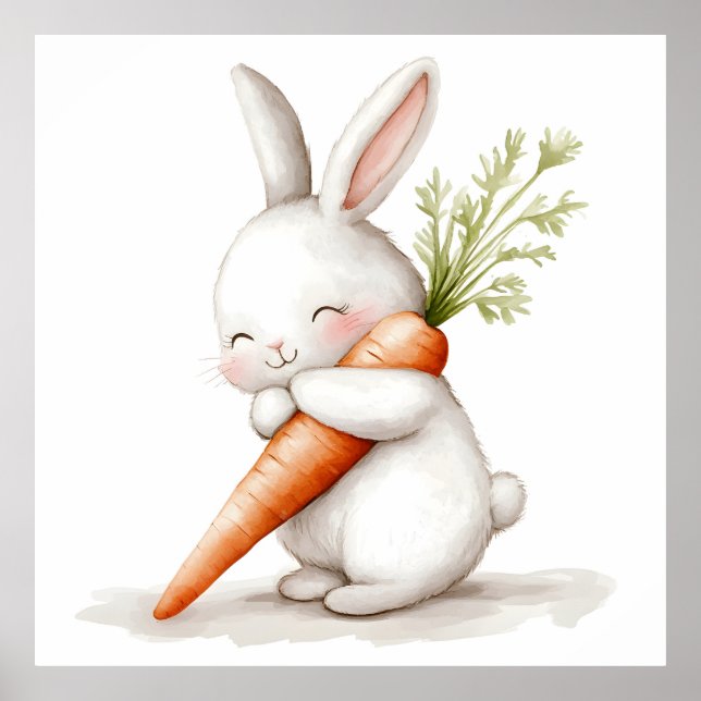 Affiche Aquarelle Fluffy Bunny Carrot Love (Devant)