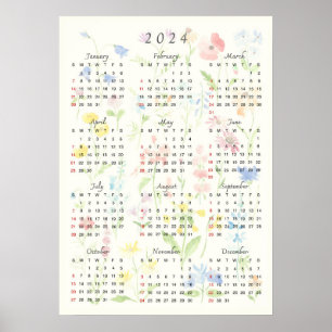 Affiche aquarelle foral 2024 calender