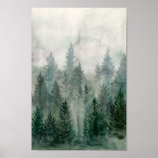 Affiche Aquarelle Forêt paysage montagne de pin brun