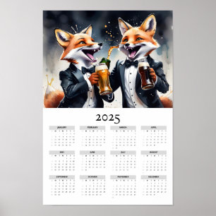 Affiche Aquarelle Foxes Cheers Tuxedo 2025 Calendrier mura