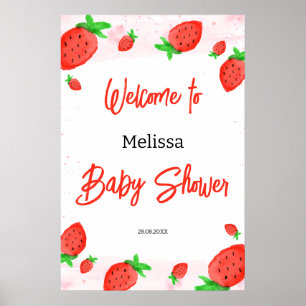 Affiche Aquarelle Fraise Fille Baby shower Bienvenue