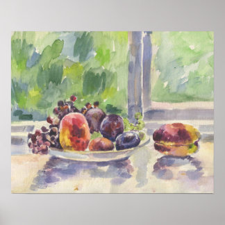 Affiche Aquarelle, fruits dans un bol sur la fenêtre