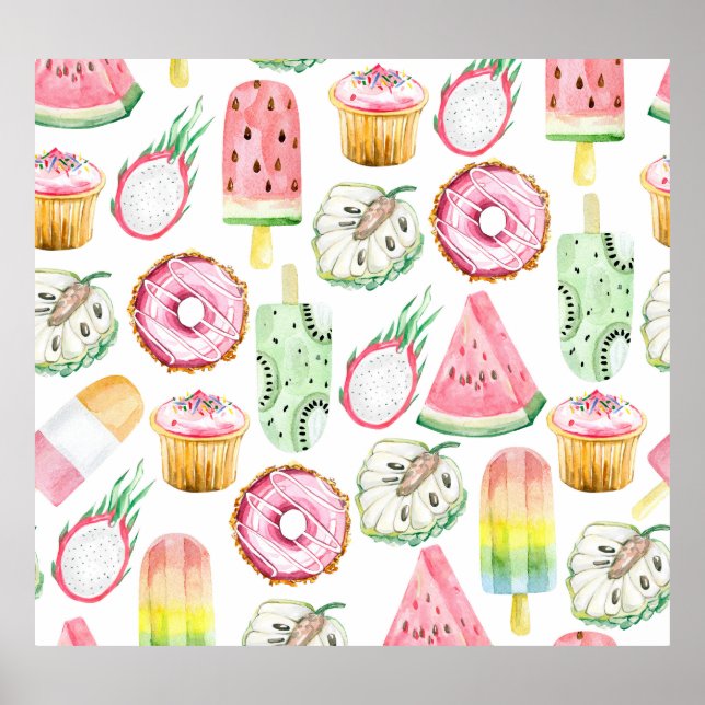 Affiche Aquarelle fruits tropicaux, glace motif. (Devant)