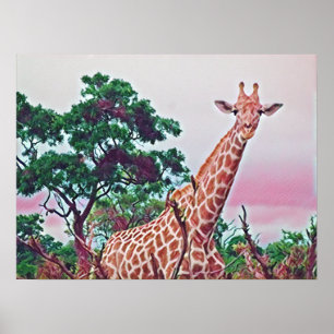 Affiche Aquarelle Giraffe en rouge orange et vert