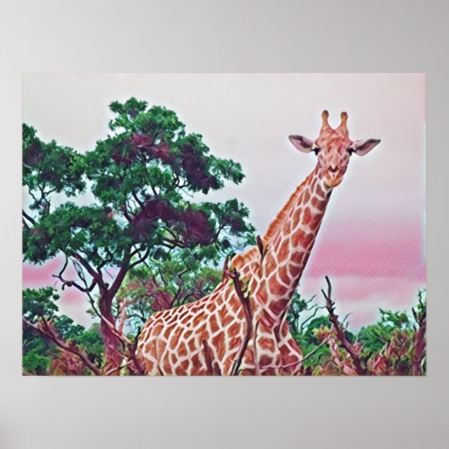 Affiche Aquarelle Giraffe en rouge orange et vert (Devant)