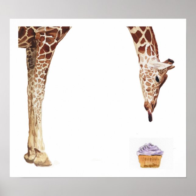 Affiche Aquarelle Giraffe "Licker avec Cupcake" (Devant)