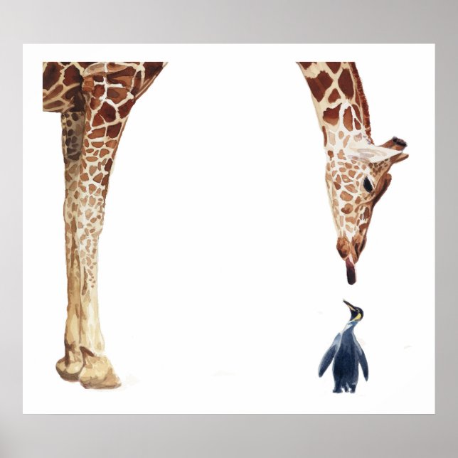 Affiche Aquarelle Giraffe "Licker avec pingouin" (Devant)