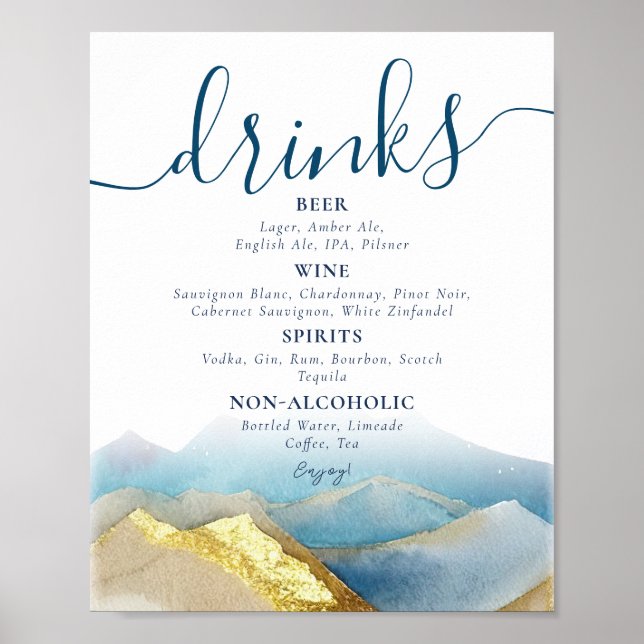 Affiche Aquarelle Gold Foil Mountains Mariage Boissons Men (Devant)