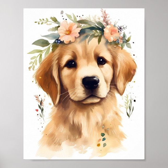 Affiche Aquarelle Golden Retriever adorable chien (Devant)