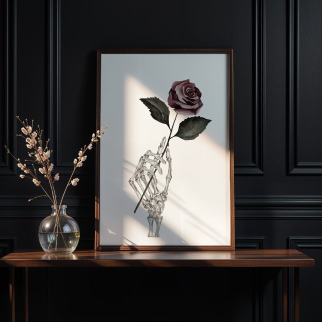Affiche Aquarelle gothique Squelette Rose main (Gothic Watercolor Skeleton Hand Holding Rose Poster)